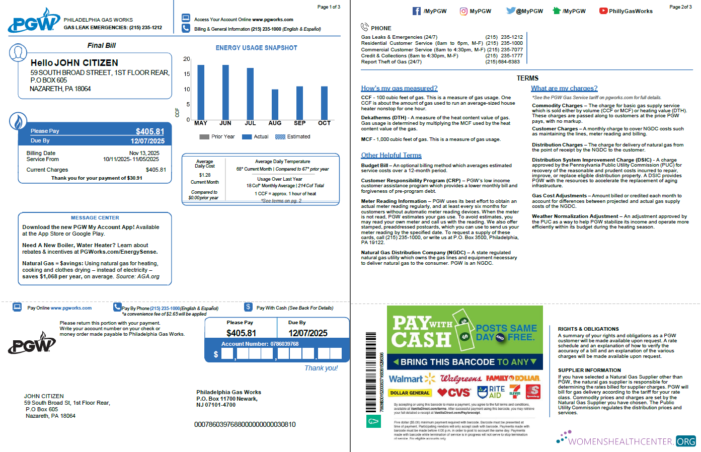 download USA Philadelphia Gas Works utility bill template in Word and PDF formats, 3 pages, 1 2 pages PDF template
